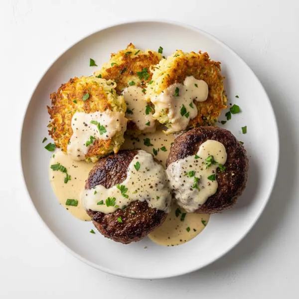 Rustic Beef Patties with Cauli Cakes and cheesy garlic sauce